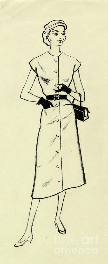 Woman In Belted Dress Drawing by Heritage Images