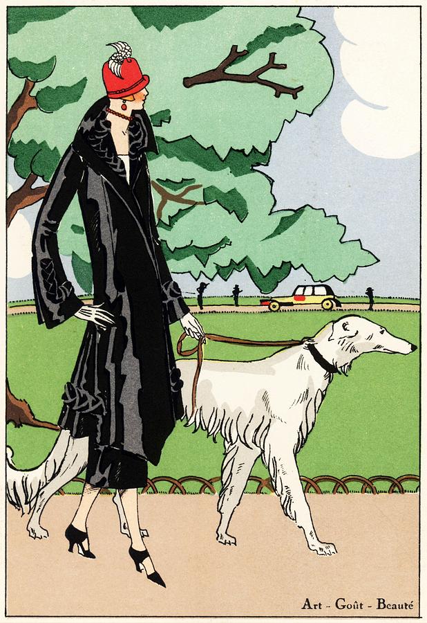 Woman in black ottoman three-piece ensemble walking a Borzoi dog in a park. Drawing by Album