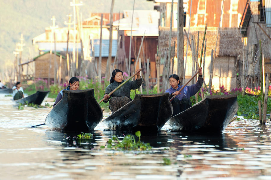 Woman In Boats In Inle Lake Myanmar Photograph by Nancy Brown/bass Ackwards