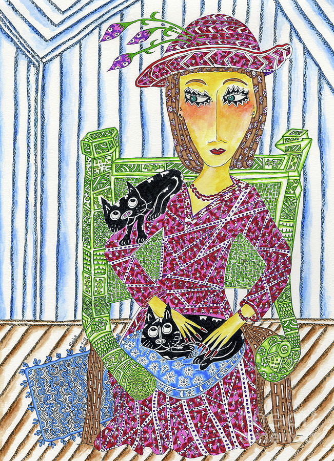Cat Painting - Woman in Green Chair by Rheba McMichael