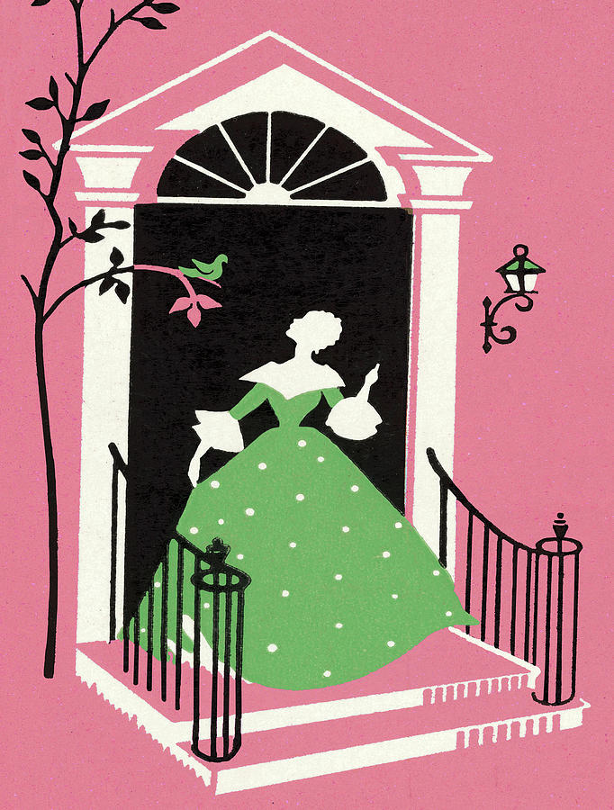 Vintage Drawing - Woman in Green Victorian Dress at Door by CSA Images