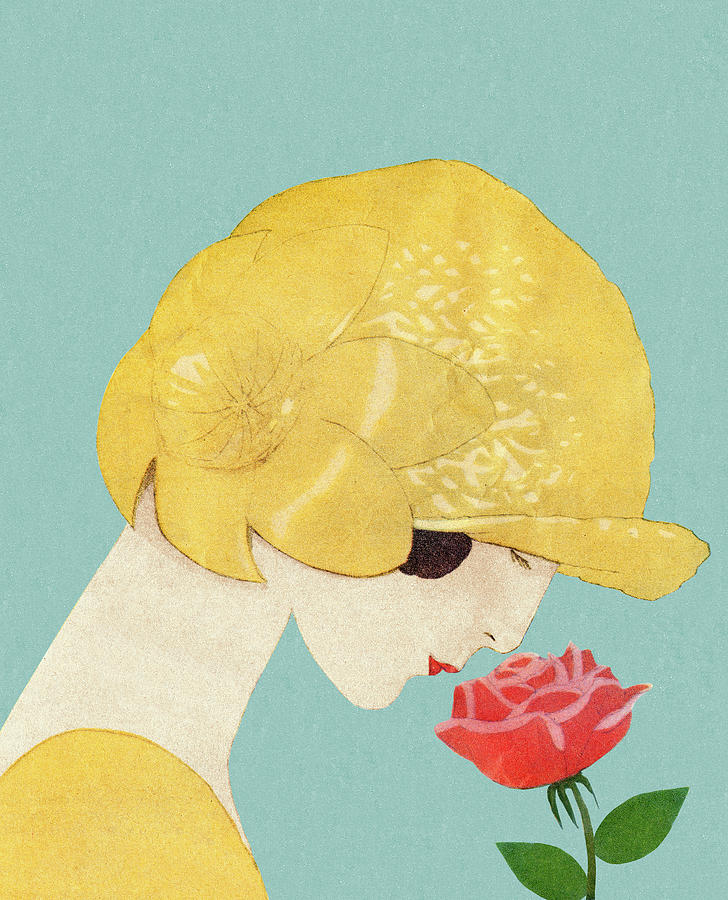 Vintage Drawing - Woman in Hat Smelling Rose by CSA Images