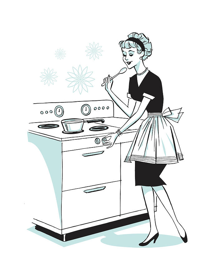 Vintage Drawing - Woman in Kitchen, Cooking on Stove by CSA Images