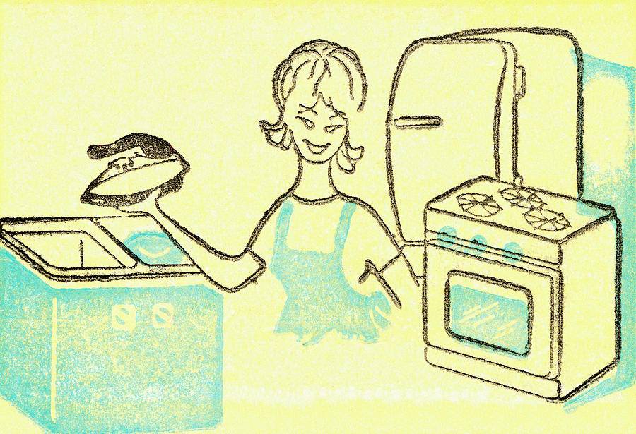 Vintage Drawing - Woman in kitchen by CSA Images