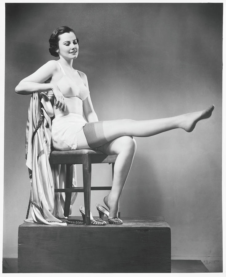 Woman In Lingerie Posing In Studio, B&w Photograph by George Marks