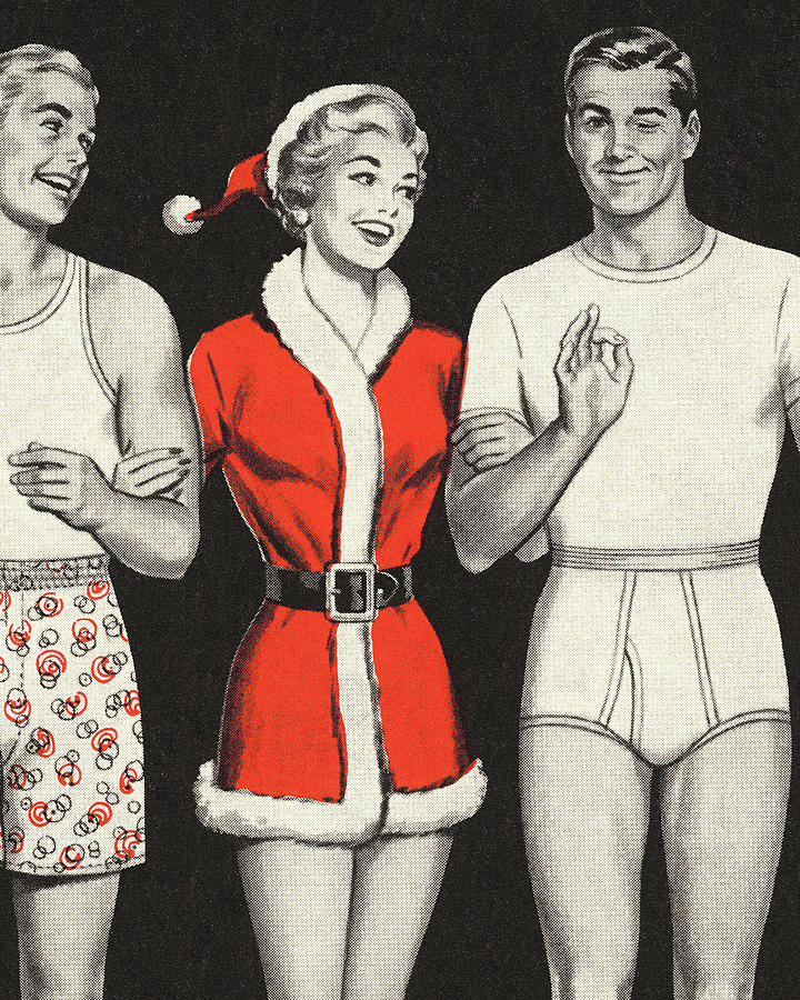 Christmas Drawing - Woman in Santa Outfit with Two Men in Underwear by CSA Images
