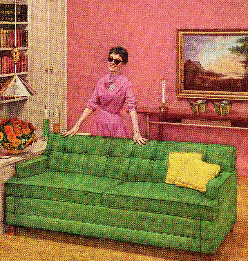 Davenport Drawing - Woman In Sunglasses Standing Behind Couch by CSA Images