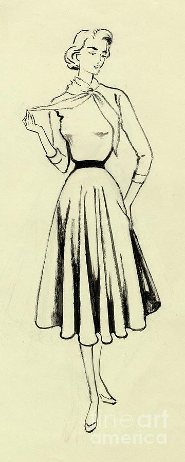 Woman In Sweater And Full Skirt Drawing by Heritage Images