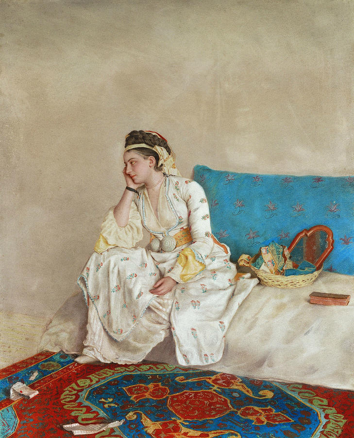 Woman in Turkish Dress, Seated on a Sofa Drawing by Jean-Etienne Liotard