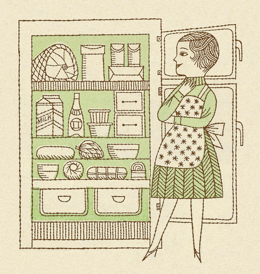 Vintage Drawing - Woman Looking Inside Refrigerator by CSA Images