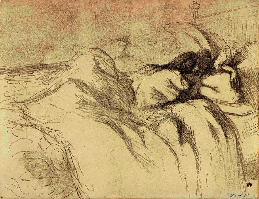 Henri De Toulouse Lautrec Drawing - Woman Lying in Bed, Waking -Femme couchee, reveil- from the series Elles. by Henri de Toulouse-Lautrec