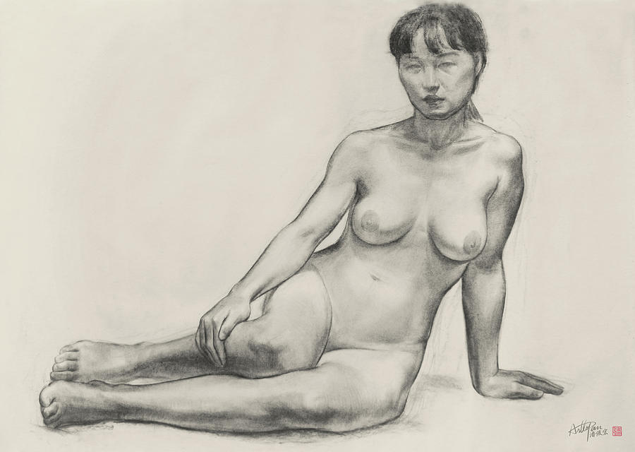 Woman nude full body portrait-ArtToPan drawing-portrait realistic charcoal Painting by Artto Pan