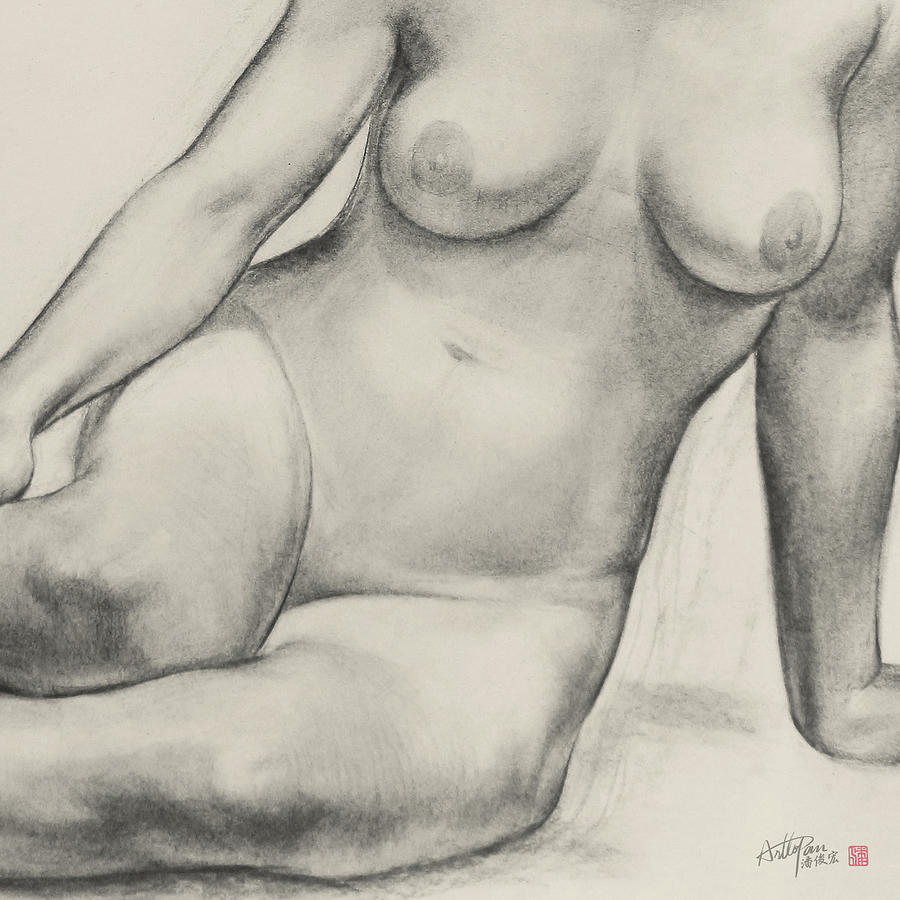 Woman nude full body portrait-part-ArtToPan drawing-portrait realistic charcoal Painting by Artto Pan