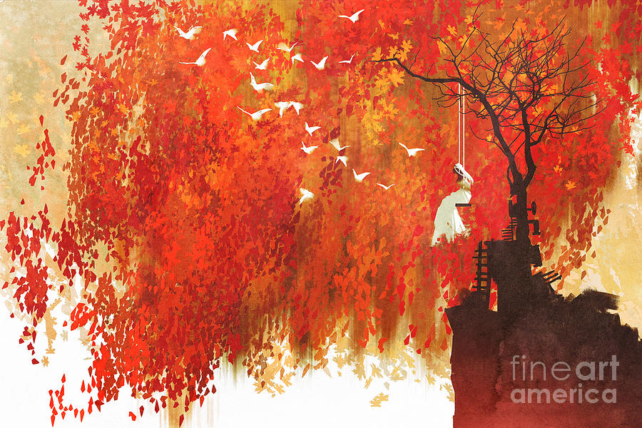 Bride Digital Art - Woman On A Swing Under Autumn by Tithi Luadthong Bride Digital Art - Woman On A Swing Under Autumn by Tithi Luadthong