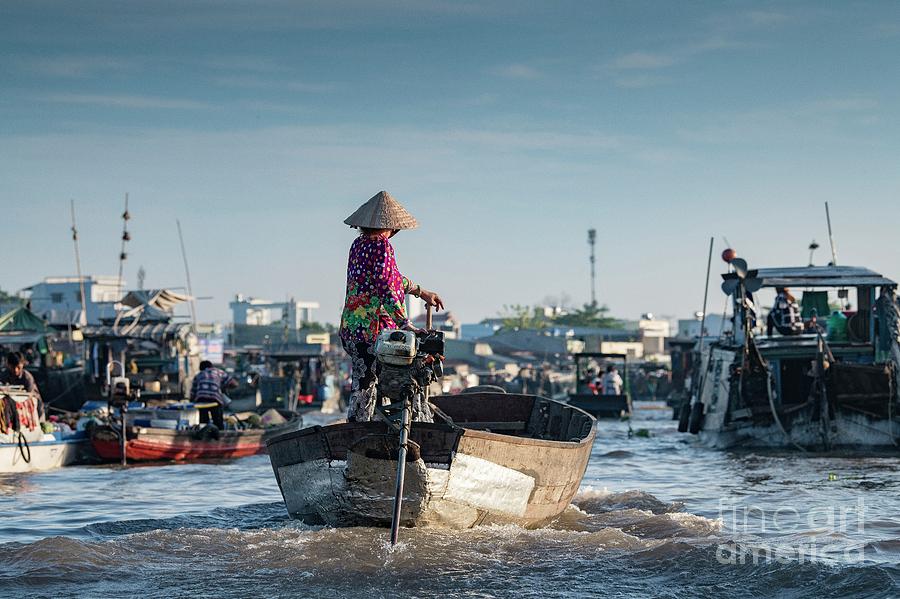 Woman On Boat At Cai Rang Floating Market Photograph by Tony Camacho/science Photo Library