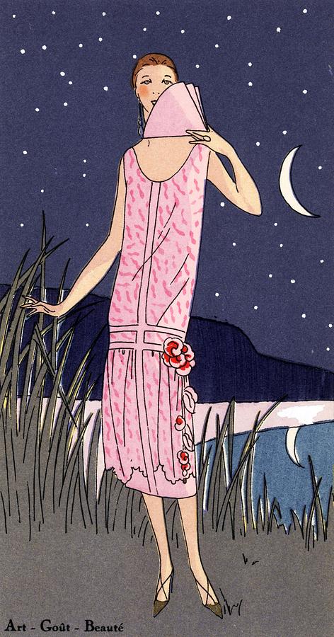 Woman on the coast in the moonlight wearing a pink lace evening dress trimmed with velvet flowers. Drawing by Album