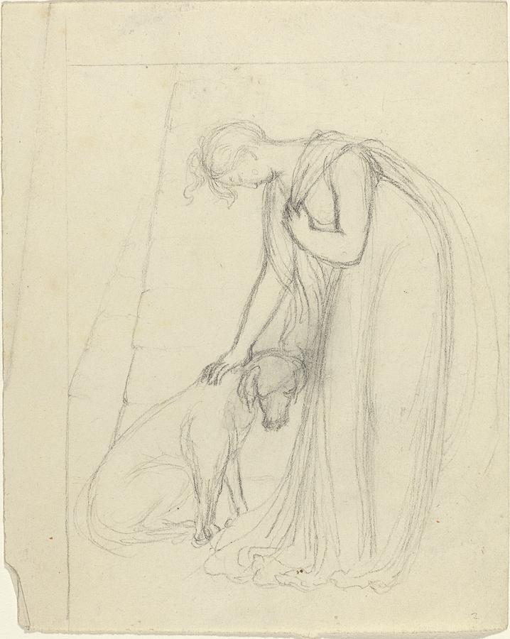 Dog Drawing - Woman Patting A Dog by John Flaxman
