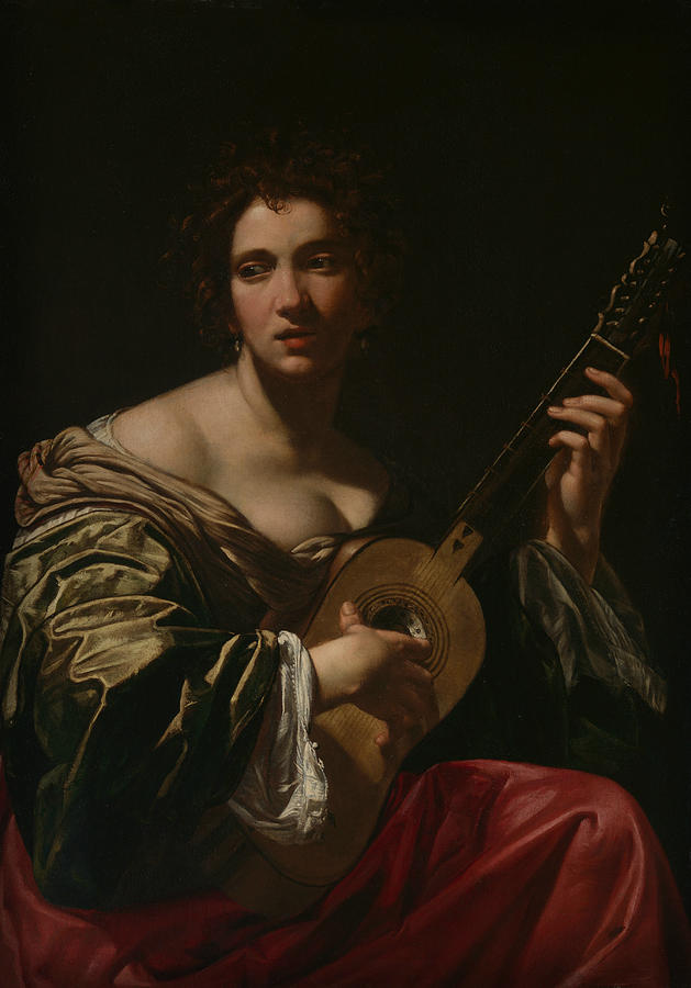 Woman Playing a Guitar Painting by Simon Vouet