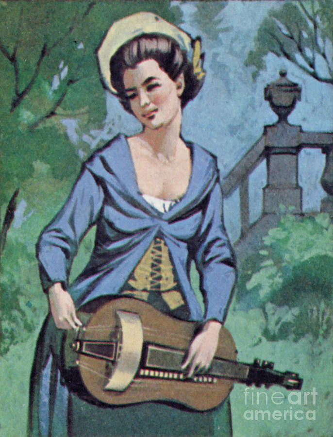 Woman playing the hurdy gurdy  Painting by Angus McBride
