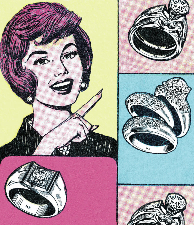 Vintage Drawing - Woman Pointing at Rings by CSA Images