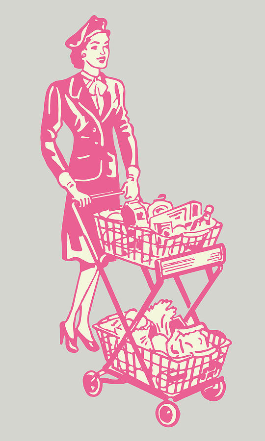 Vintage Drawing - Woman Pushing Shopping Cart by CSA Images