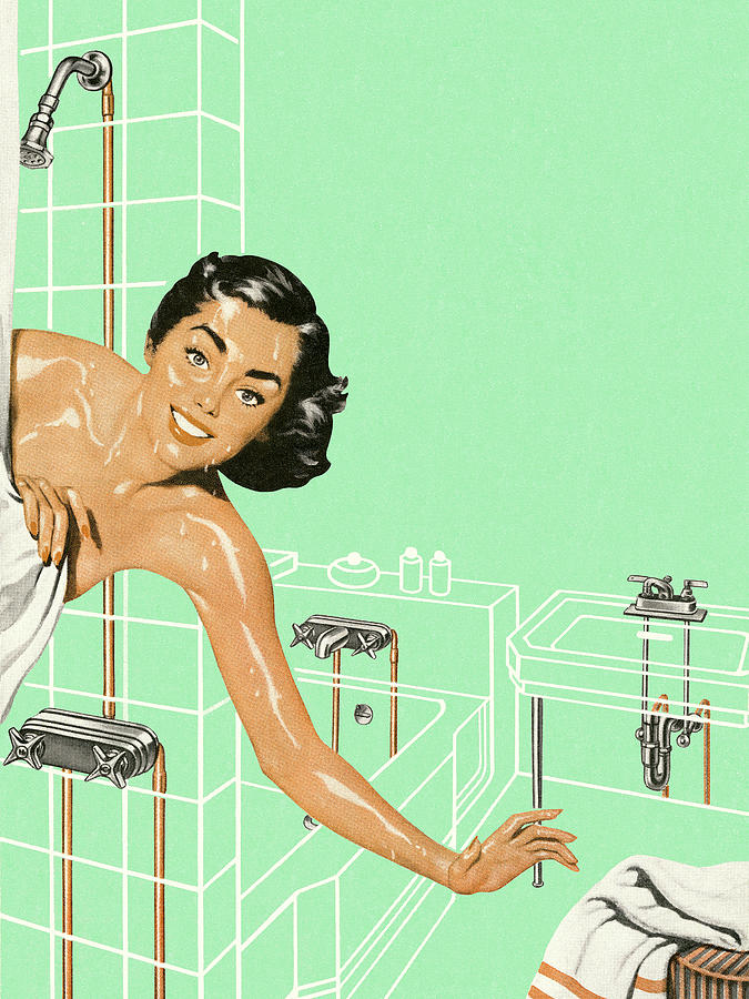 Vintage Drawing - Woman Reaching Out of the Shower by CSA Images