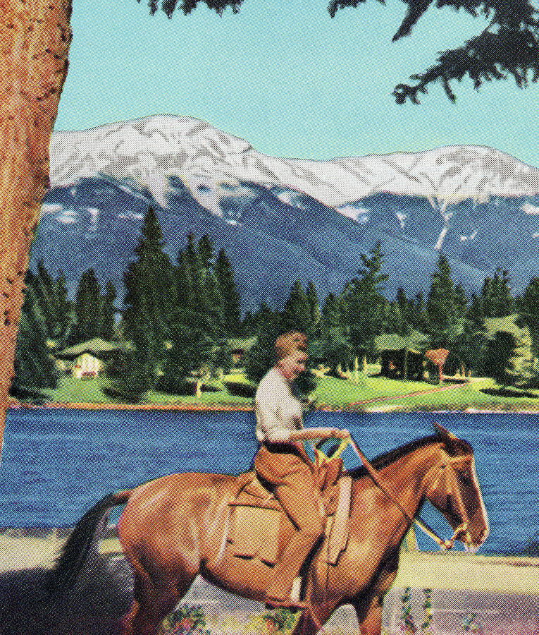 Nature Drawing - Woman Riding a Horse Near a Lake and Mountains by CSA Images