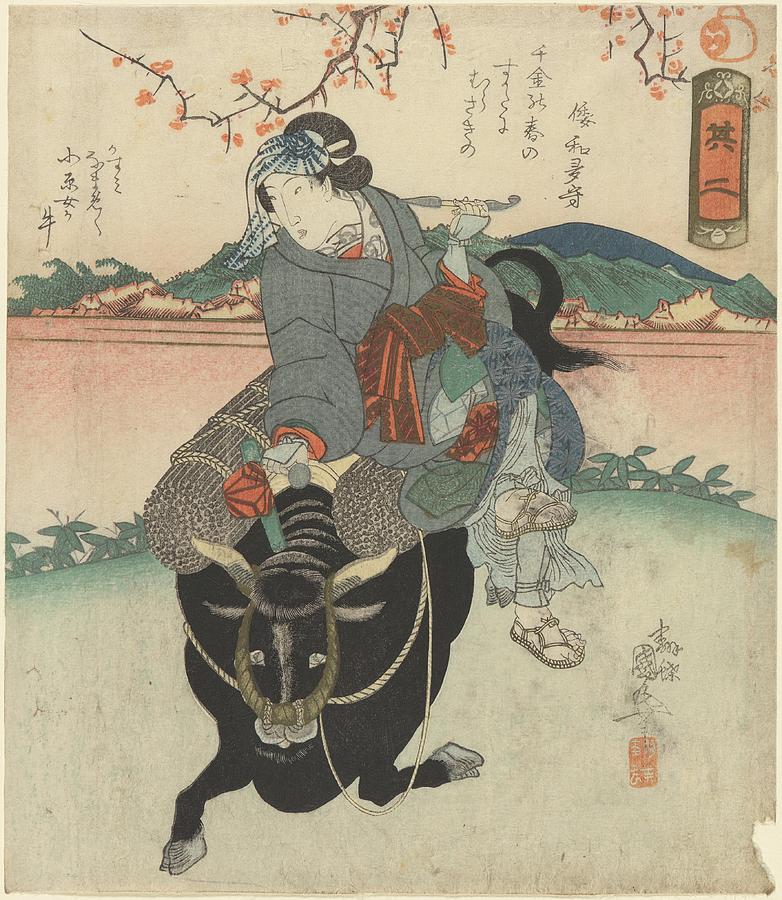 Bull Painting - Woman Riding On The Back Of A Bull by Utagawa Kunimaro