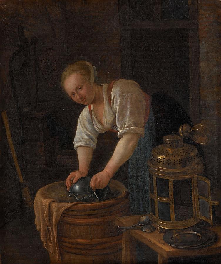 Woman scouring metalware. Painting by Jan Havicksz Steen