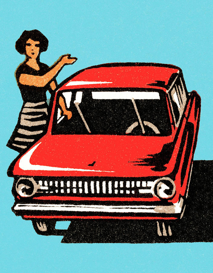 Transportation Drawing - Woman showing red car by CSA Images