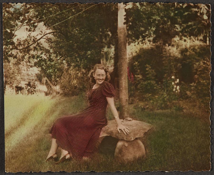 Summer Painting -  Woman sitting on rock bench  ca  1930 Gelatin silver print with applied color by Celestial Images