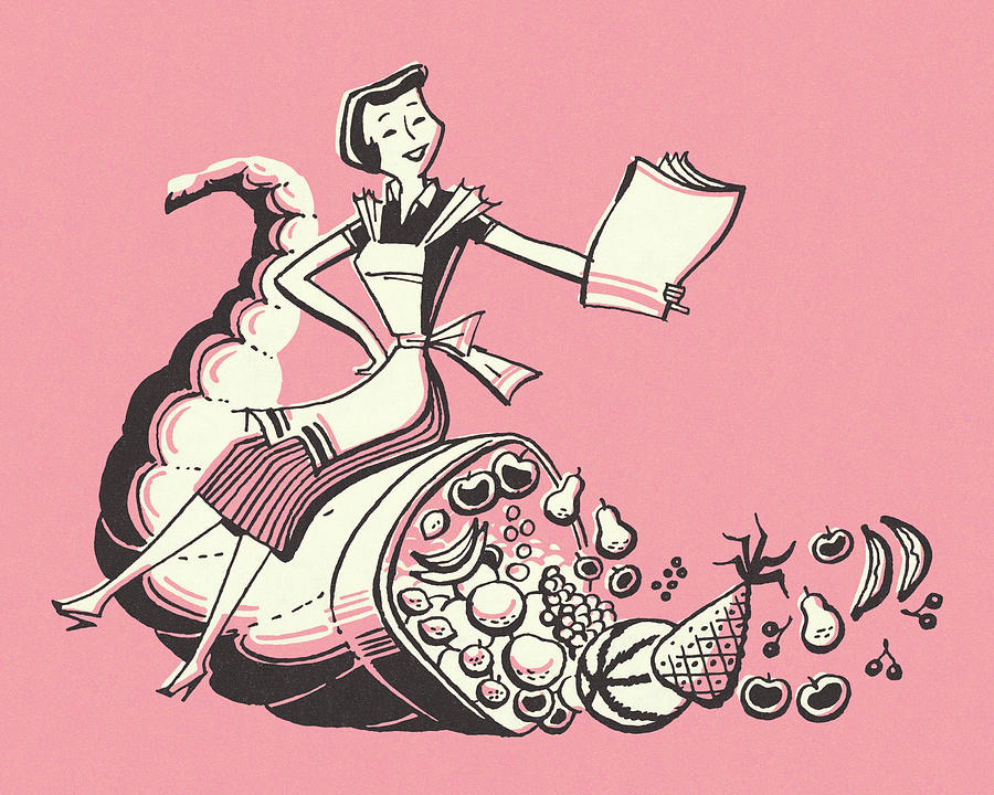 Thanksgiving Drawing - Woman Sitting On Top Of A Cornucopia by CSA Images