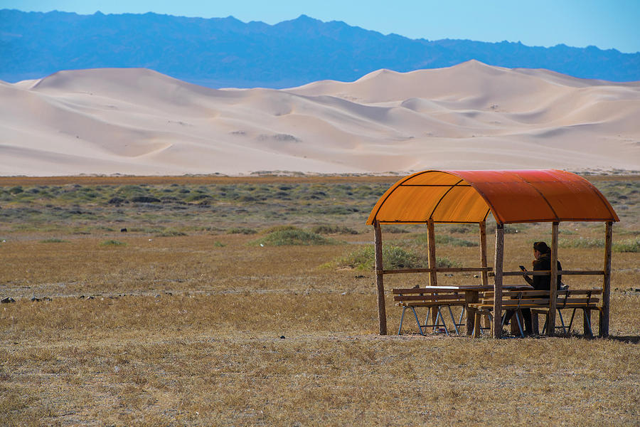 Desert Photograph - Woman Sitting Under Canopy In Gobi by Henn Photography