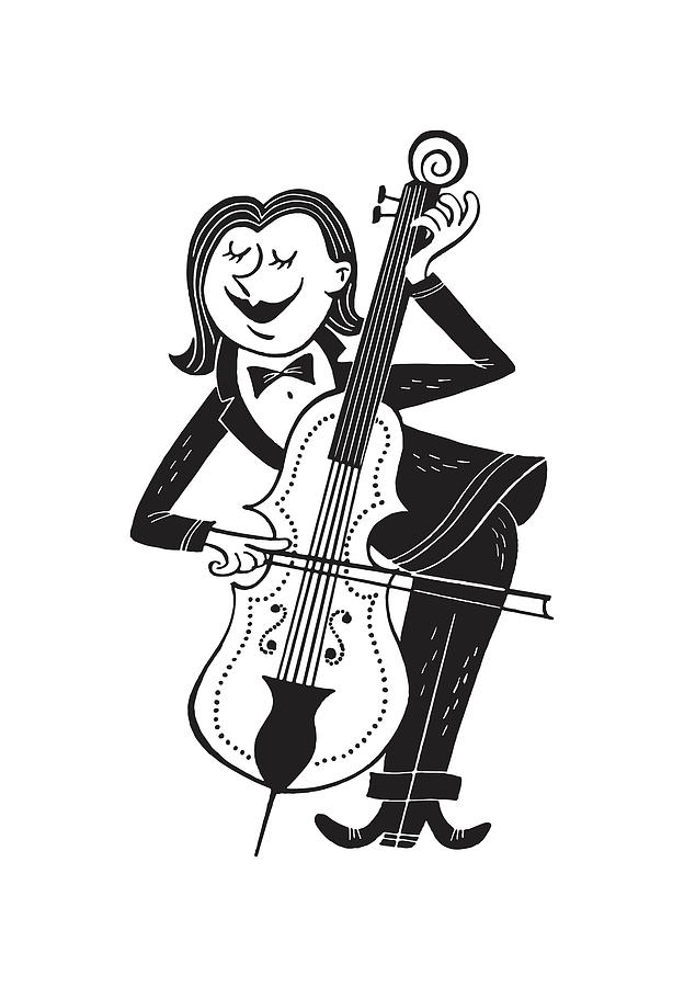 Black And White Drawing - Woman smiling while playing cello with closed eyes by CSA Images