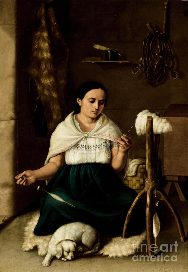 Woman Spinning Painting by Luis Cadena