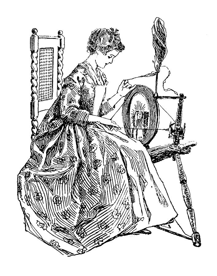 Woman Spinning Thread 1800s Old Drawing Black And White Line Art