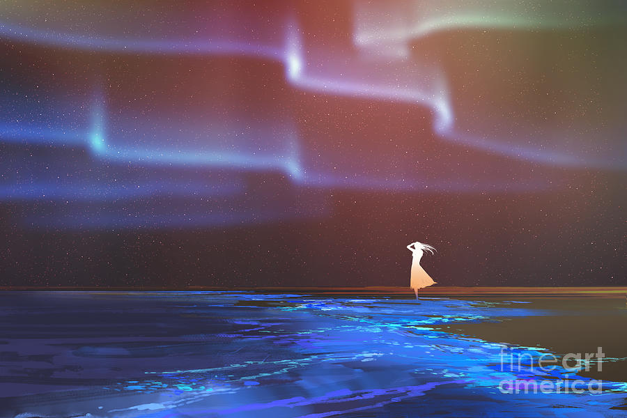 Nature Digital Art - Woman Standing On Beach Glows by Tithi Luadthong Nature Digital Art - Woman Standing On Beach Glows by Tithi Luadthong