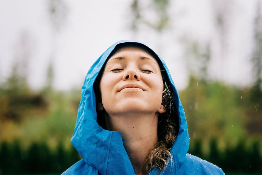 Woman Stood In The Rain Smiling With Rain Drops On Her Face Photograph ...