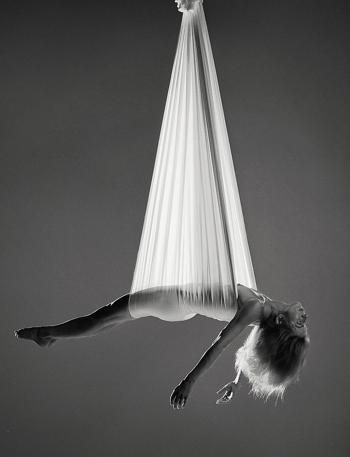 Woman Suspended In Silk Hammock B&w Photograph by Ray Massey