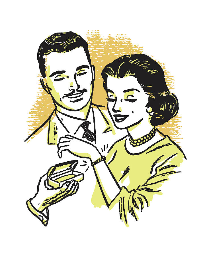 Vintage Drawing - Woman Trying on New Bracelet with Man who Gave it to Her by CSA Images