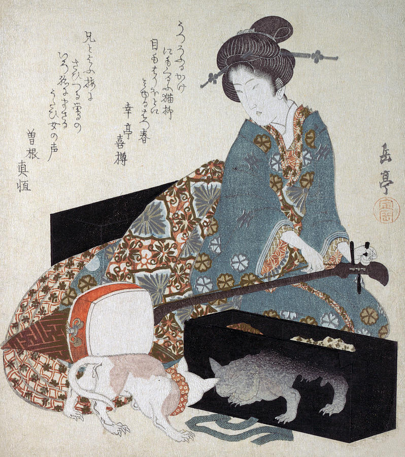 Woman Tuning a Shamisen & a cat looks at its reflection in lacquerware Painting by Yashima Gakutei