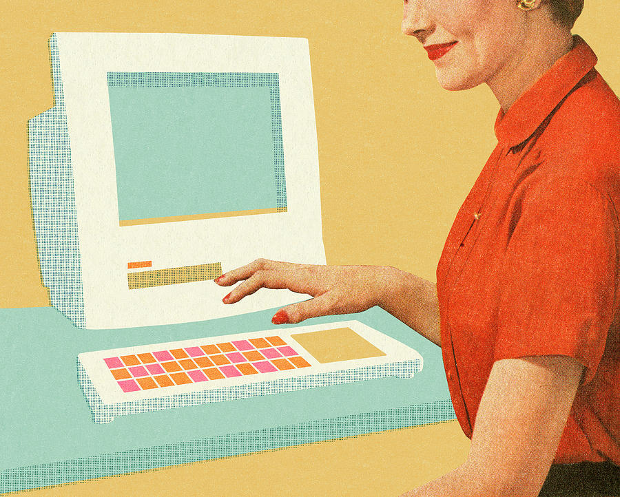 Vintage Drawing - Woman Using Computer by CSA Images