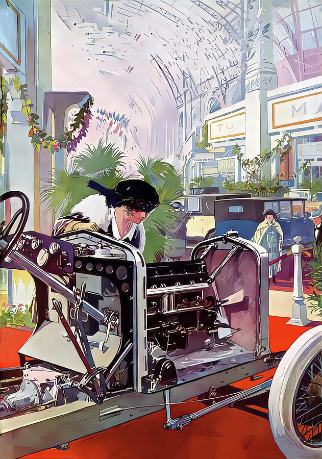 Woman Viewing 1921 Isotta Fraschini At Motor Show Original French Art Deco Illustration Mixed Media by Retrographs