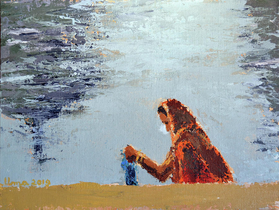 Woman washing clothes - Bundi series 10 Painting by Uma Krishnamoorthy