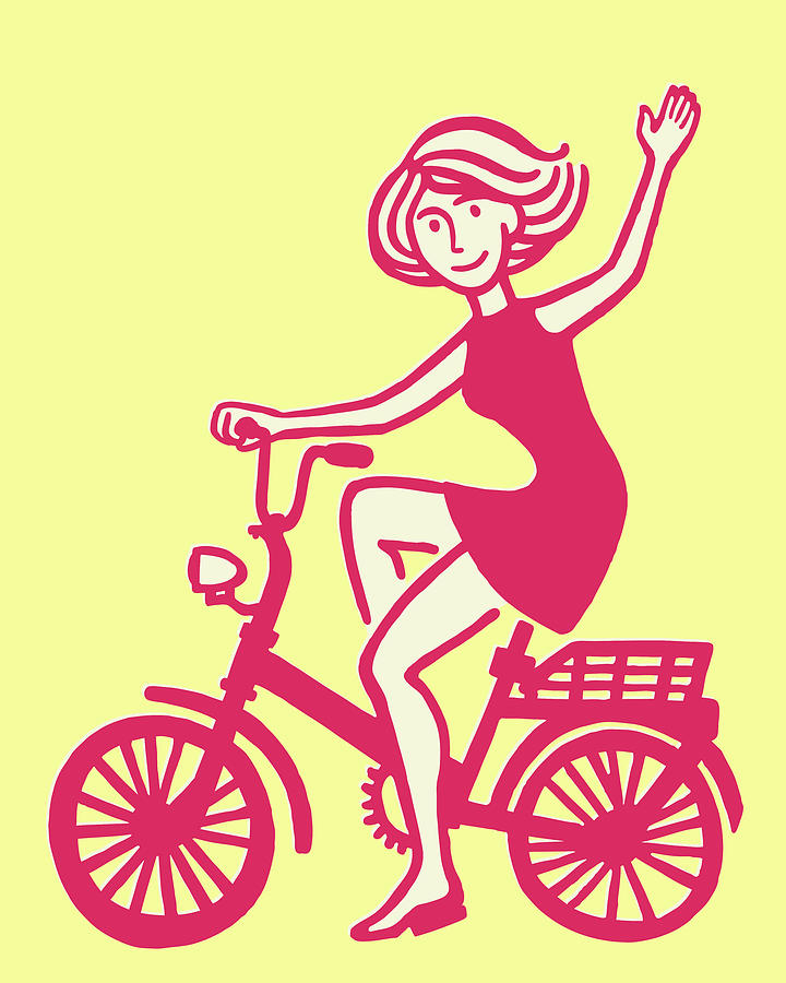 Transportation Drawing - Woman Waving and Riding a Bike by CSA Images
