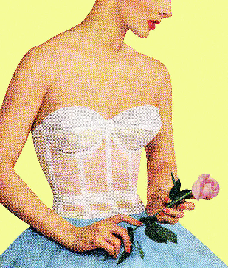 Vintage Drawing - Woman Wearing a Bustier Holding a Rose by CSA Images