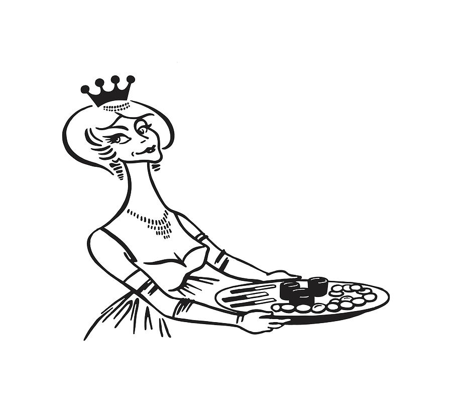 Black And White Drawing - Woman Wearing Crown Holding Tray by CSA Images