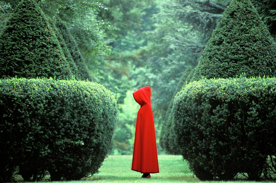 Woman Wearing Red Cape Among Hedges Photograph by Nancy Brown
