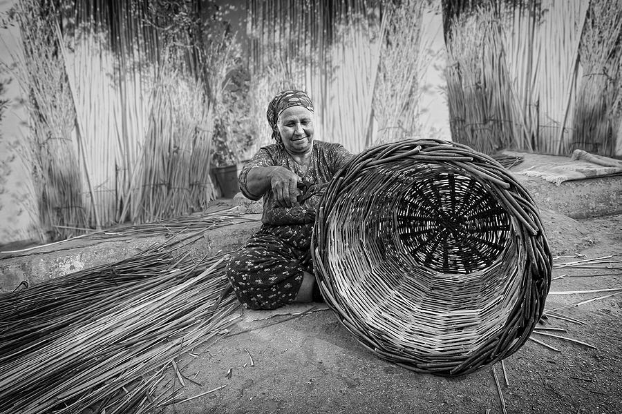 Documentary Photograph - Woman Weaving A Basket by Emine Basa