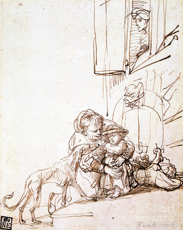 Woman With A Child Afraid Of A Dog Drawing by Print Collector